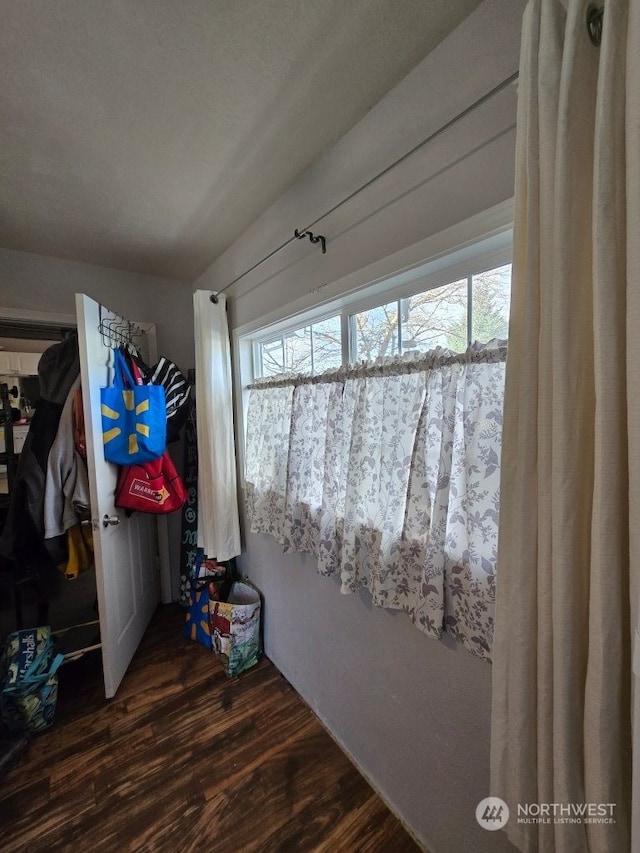 interior space with multiple windows and dark hardwood / wood-style floors