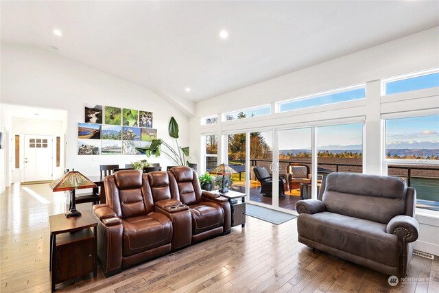 living room with high vaulted ceiling and light hardwood / wood-style flooring