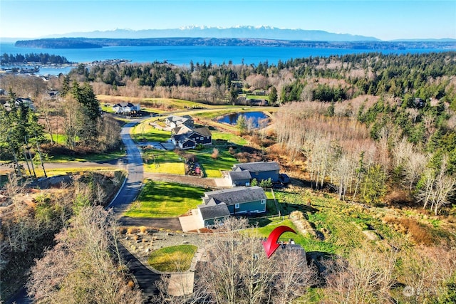 bird's eye view featuring a water and mountain view