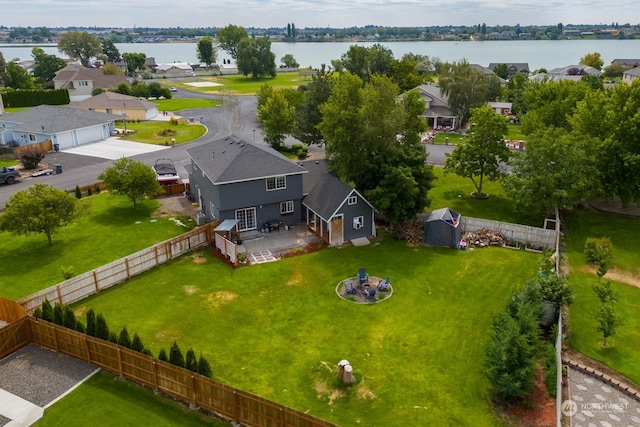 aerial view featuring a water view