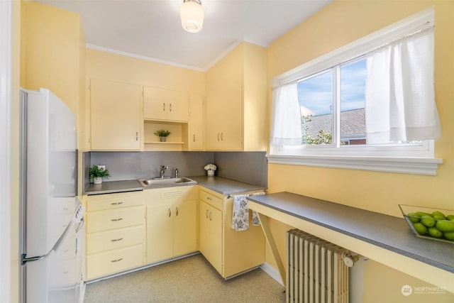 kitchen with crown molding, white fridge, radiator, and sink