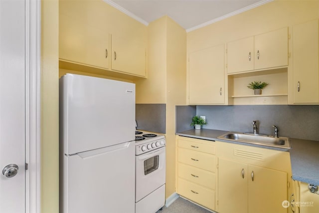 kitchen with crown molding, sink, white appliances, and decorative backsplash