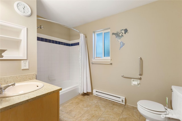 full bathroom with toilet, baseboard heating, vanity, shower / bath combo, and tile patterned flooring