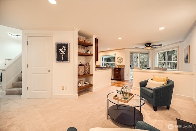 living room featuring light carpet, stairway, recessed lighting, and crown molding