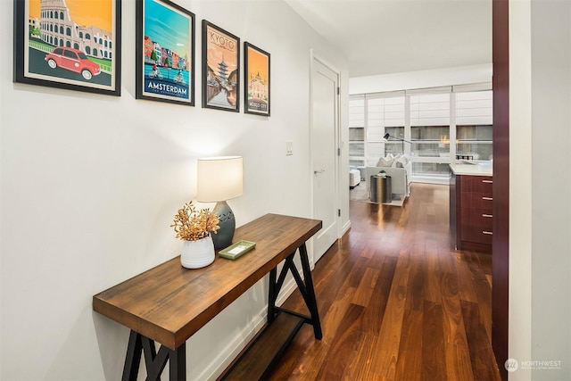 hall with dark wood-type flooring