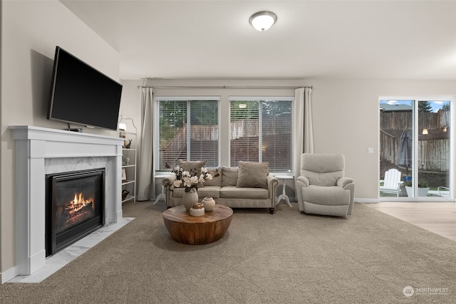 carpeted living room with a premium fireplace