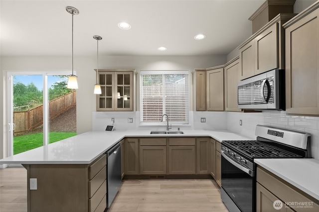 kitchen featuring a sink, a peninsula, stainless steel appliances, and a healthy amount of sunlight