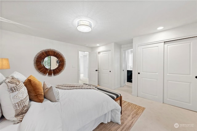 bedroom with two closets and light carpet