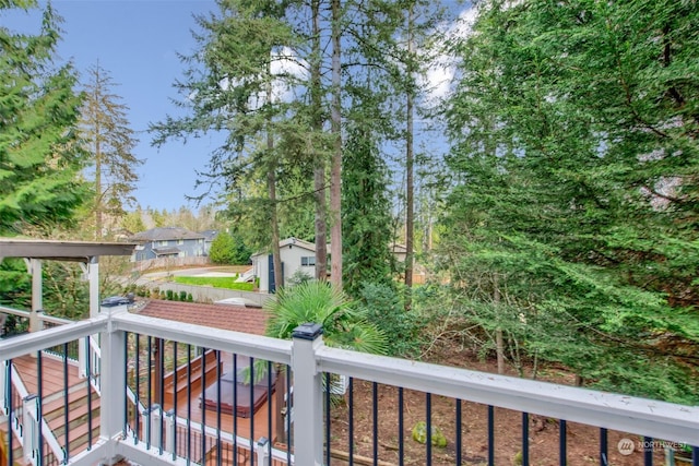 deck with a storage shed