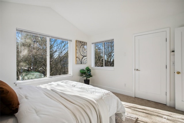 bedroom with vaulted ceiling, multiple windows, and carpet