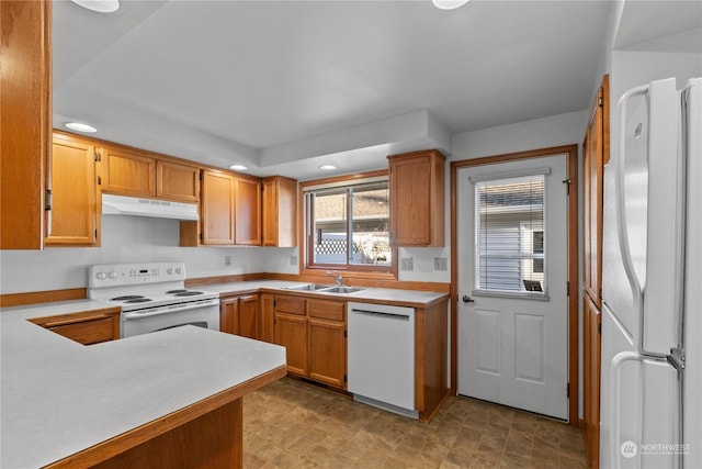 kitchen with sink, white appliances, and kitchen peninsula