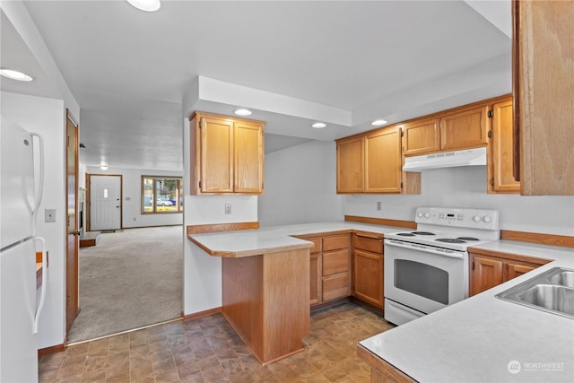 kitchen with sink, white appliances, kitchen peninsula, and carpet