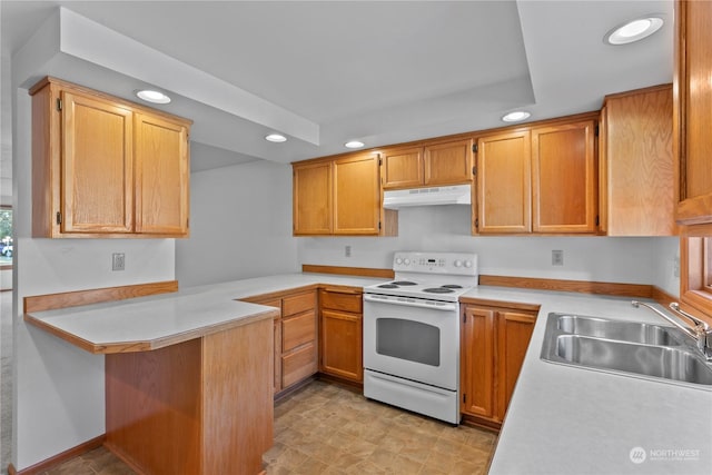 kitchen featuring kitchen peninsula, sink, and electric range