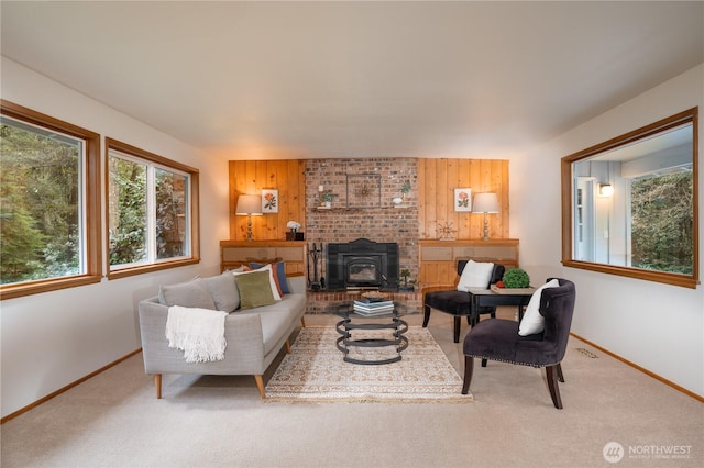 carpeted living room featuring a wood stove and wood walls