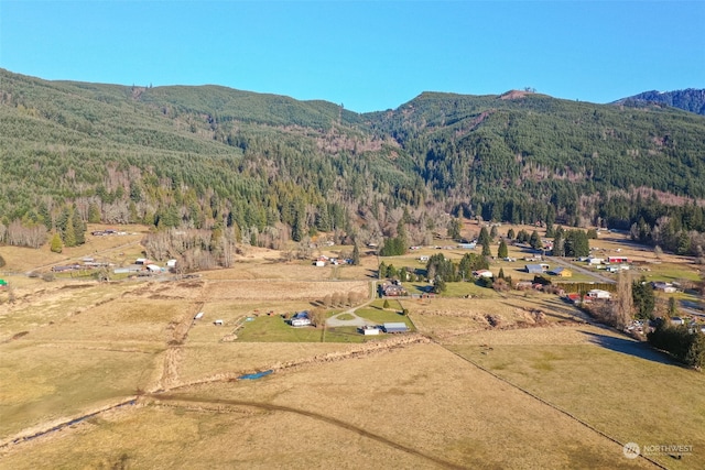 drone / aerial view featuring a view of trees and a mountain view