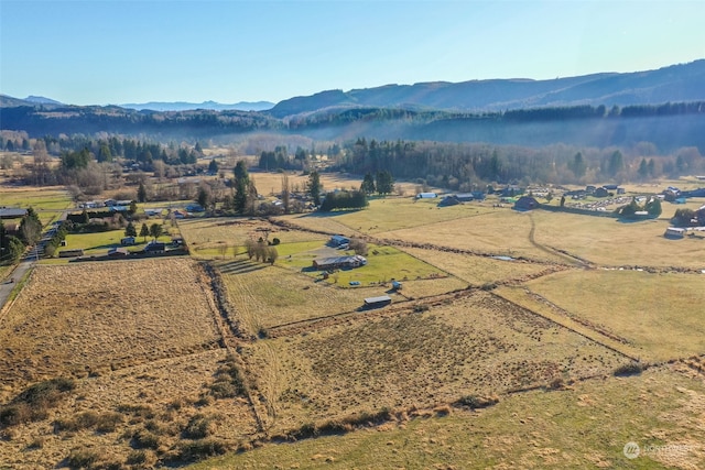 bird's eye view featuring a rural view and a mountain view