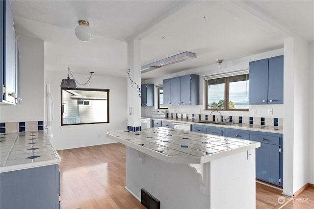 550 SW Waterloo Ave, Oak Harbor, WA 98277 - kitchen featuring blue cabinetry, white electric range, sink, wood-type flooring, and tile counters