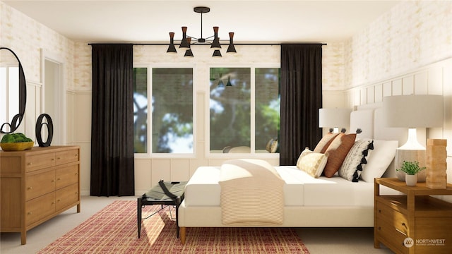 bedroom featuring a chandelier and carpet floors