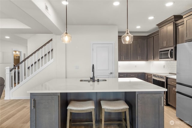 kitchen featuring sink, a kitchen island with sink, stainless steel appliances, and dark brown cabinetry