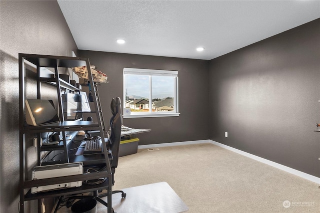 carpeted office space with a textured ceiling