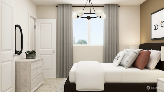 bedroom featuring a notable chandelier