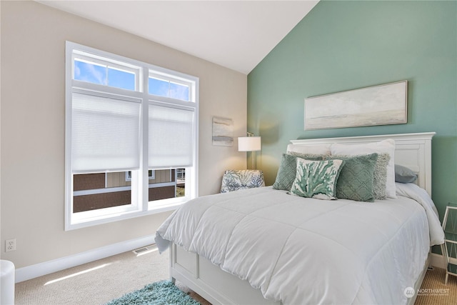 bedroom with lofted ceiling and carpet flooring