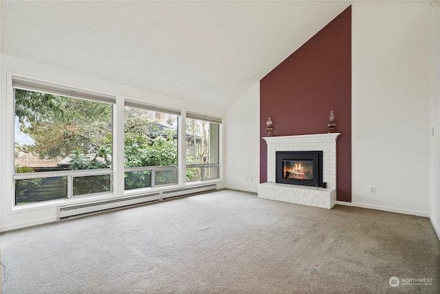 unfurnished living room with high vaulted ceiling, a baseboard radiator, a fireplace, carpet flooring, and baseboards