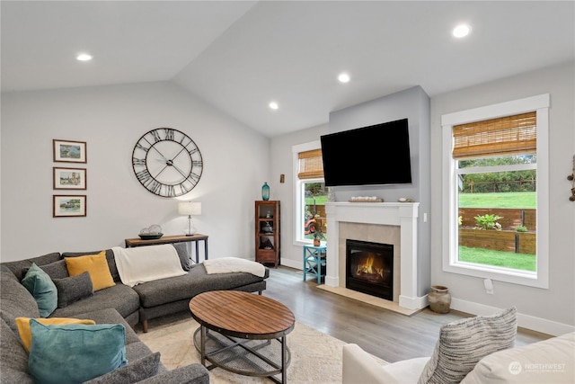 living room featuring wood-type flooring, lofted ceiling, and a healthy amount of sunlight