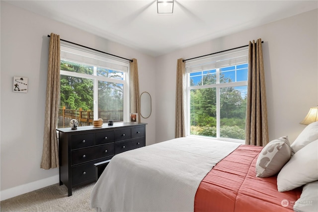 bedroom with multiple windows and light colored carpet