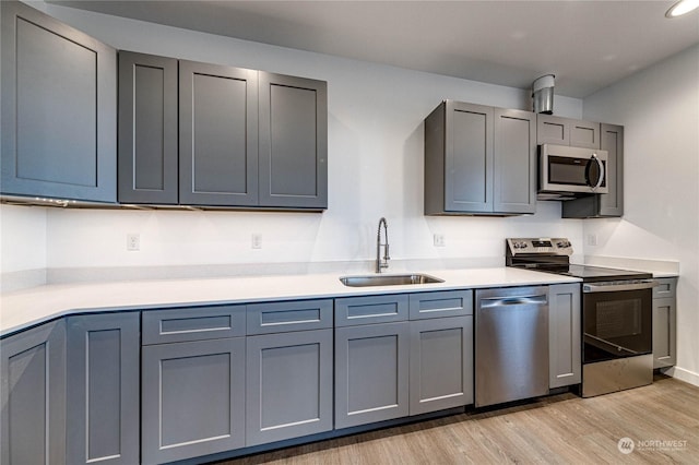 kitchen featuring gray cabinetry, sink, light wood-type flooring, and appliances with stainless steel finishes