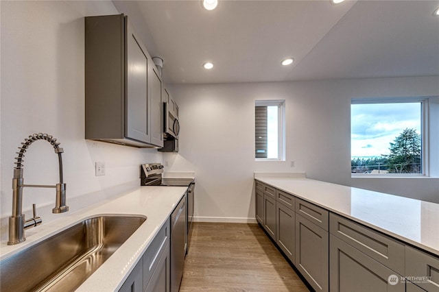 kitchen featuring appliances with stainless steel finishes, sink, light hardwood / wood-style flooring, and plenty of natural light