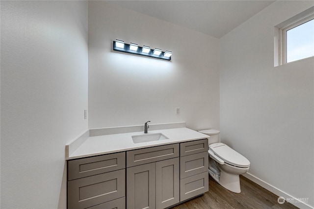 bathroom with wood-type flooring, toilet, and vanity