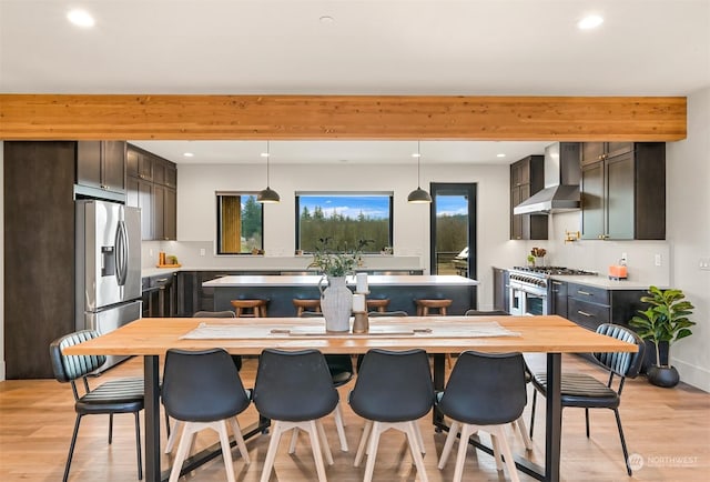 kitchen featuring hanging light fixtures, dark brown cabinets, stainless steel appliances, light hardwood / wood-style floors, and wall chimney exhaust hood