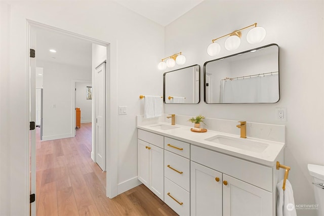 bathroom featuring vanity, hardwood / wood-style floors, and a shower with curtain