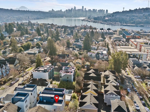 drone / aerial view featuring a water view