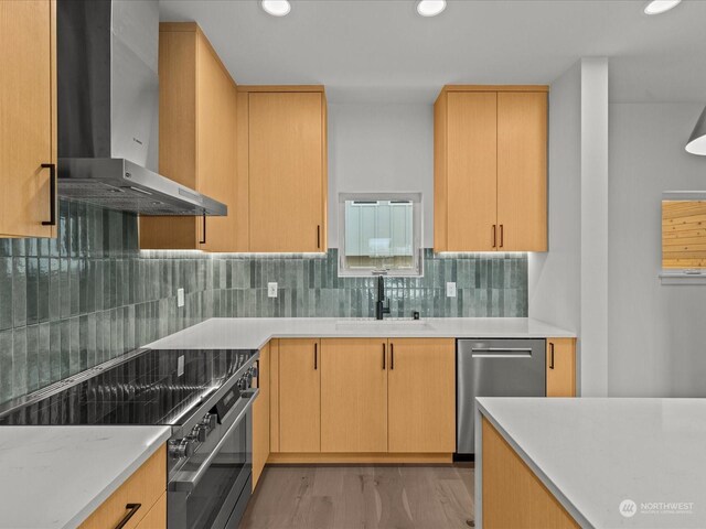 kitchen with appliances with stainless steel finishes, wall chimney exhaust hood, light brown cabinetry, and sink