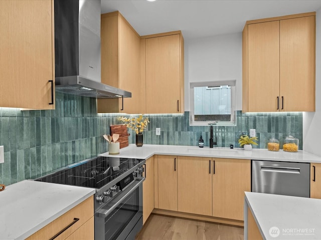 kitchen featuring tasteful backsplash, wall chimney range hood, light countertops, stainless steel appliances, and a sink