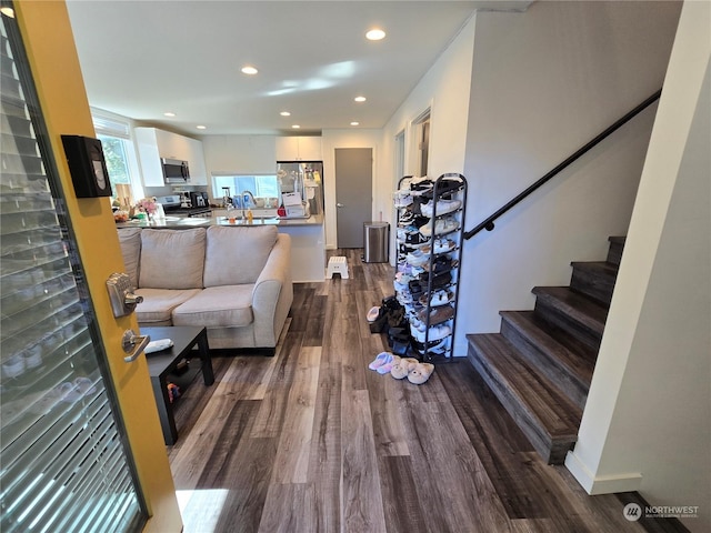 living room featuring hardwood / wood-style flooring and sink