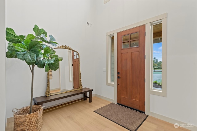 entrance foyer with a towering ceiling and light wood-type flooring