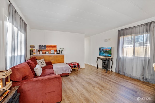 living room with crown molding and light hardwood / wood-style floors