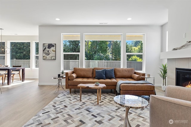 living room with a fireplace, a wealth of natural light, and light hardwood / wood-style floors