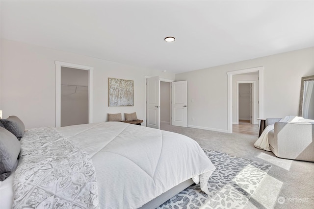 bedroom with a spacious closet, carpet floors, and a closet