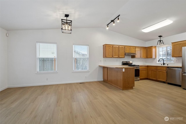 kitchen featuring hanging light fixtures, appliances with stainless steel finishes, light hardwood / wood-style flooring, and kitchen peninsula