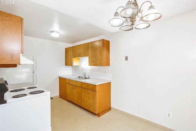 kitchen featuring electric stove, brown cabinets, light countertops, light floors, and a sink