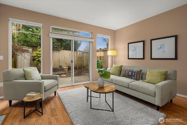 living room with a healthy amount of sunlight, baseboards, and wood finished floors