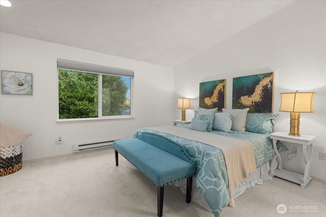 bedroom featuring a baseboard radiator, baseboards, and carpet