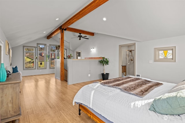 bedroom featuring lofted ceiling with beams and light wood-type flooring