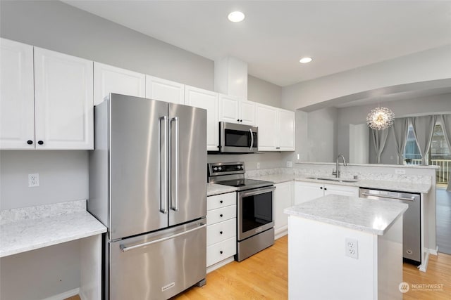 kitchen featuring sink, stainless steel appliances, a center island, and white cabinets