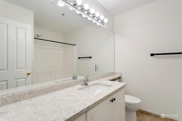 bathroom featuring tile patterned flooring, vanity, a shower, and toilet