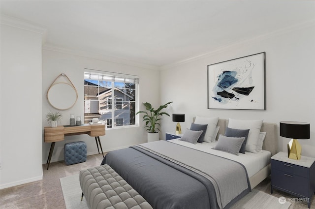 bedroom with light carpet and ornamental molding